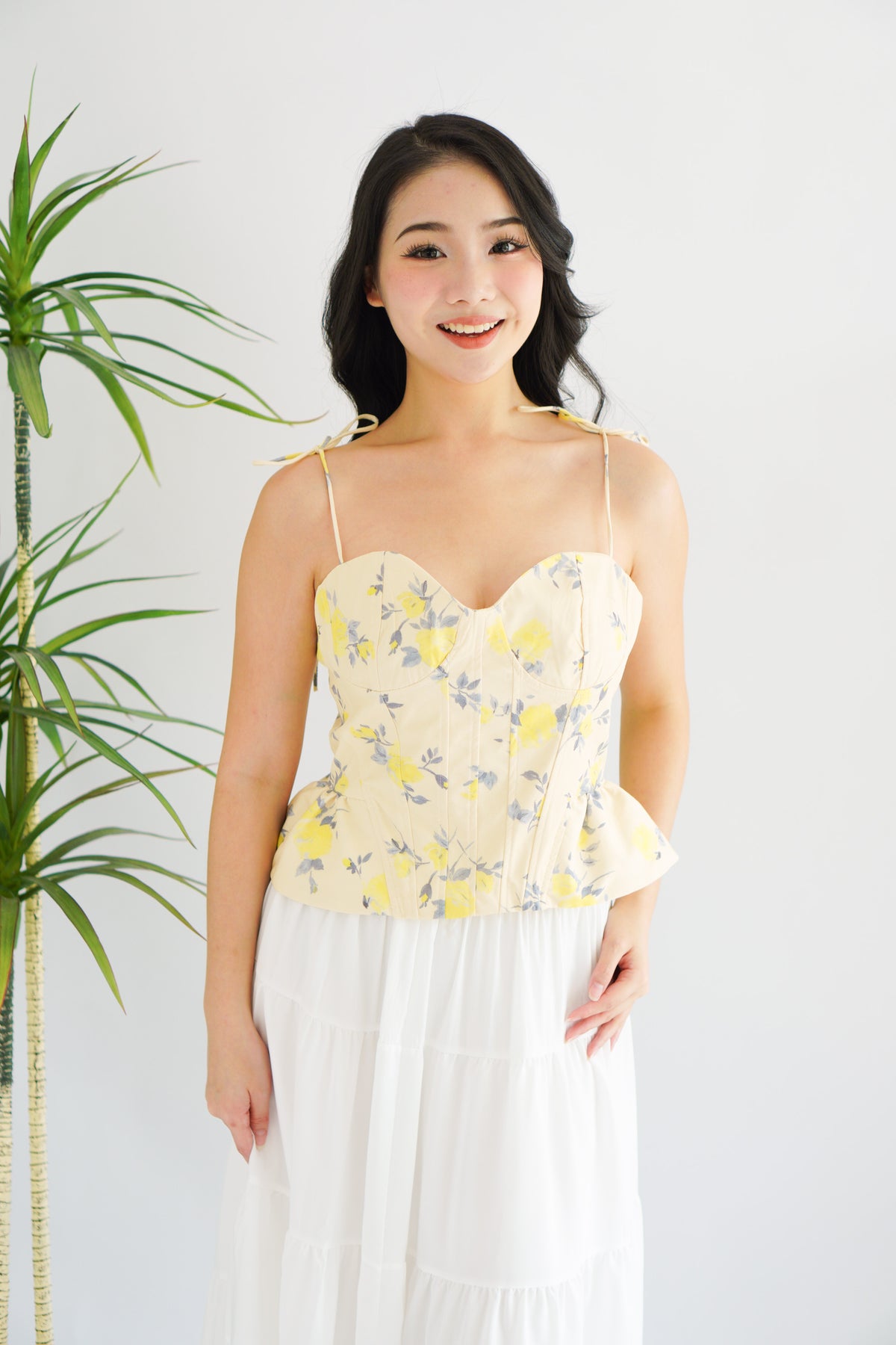 Cici Floral Bustier Peplum Top in Yellow