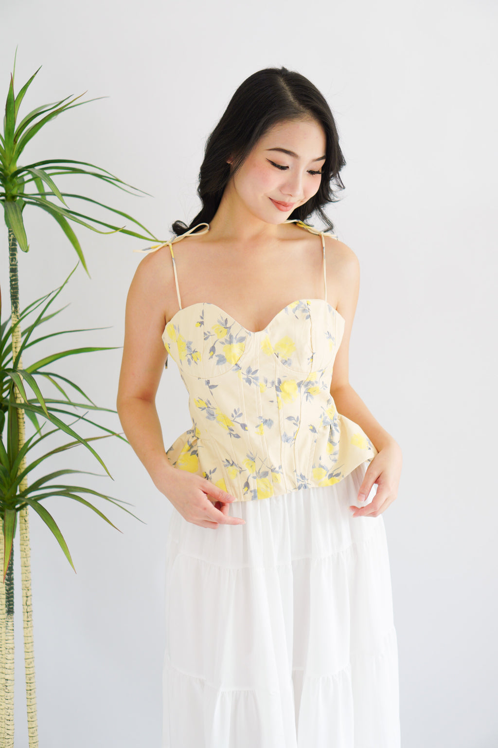 Cici Floral Bustier Peplum Top in Yellow