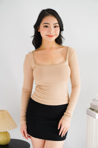 Frinda Square Neck Padded Long Sleeve Top with Lace in Nude