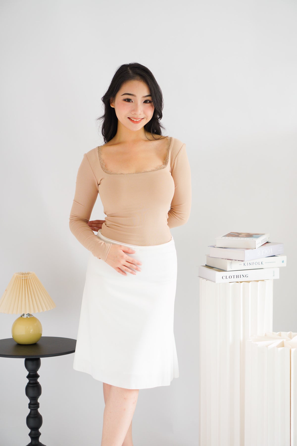 Frinda Square Neck Padded Long Sleeve Top with Lace in Nude