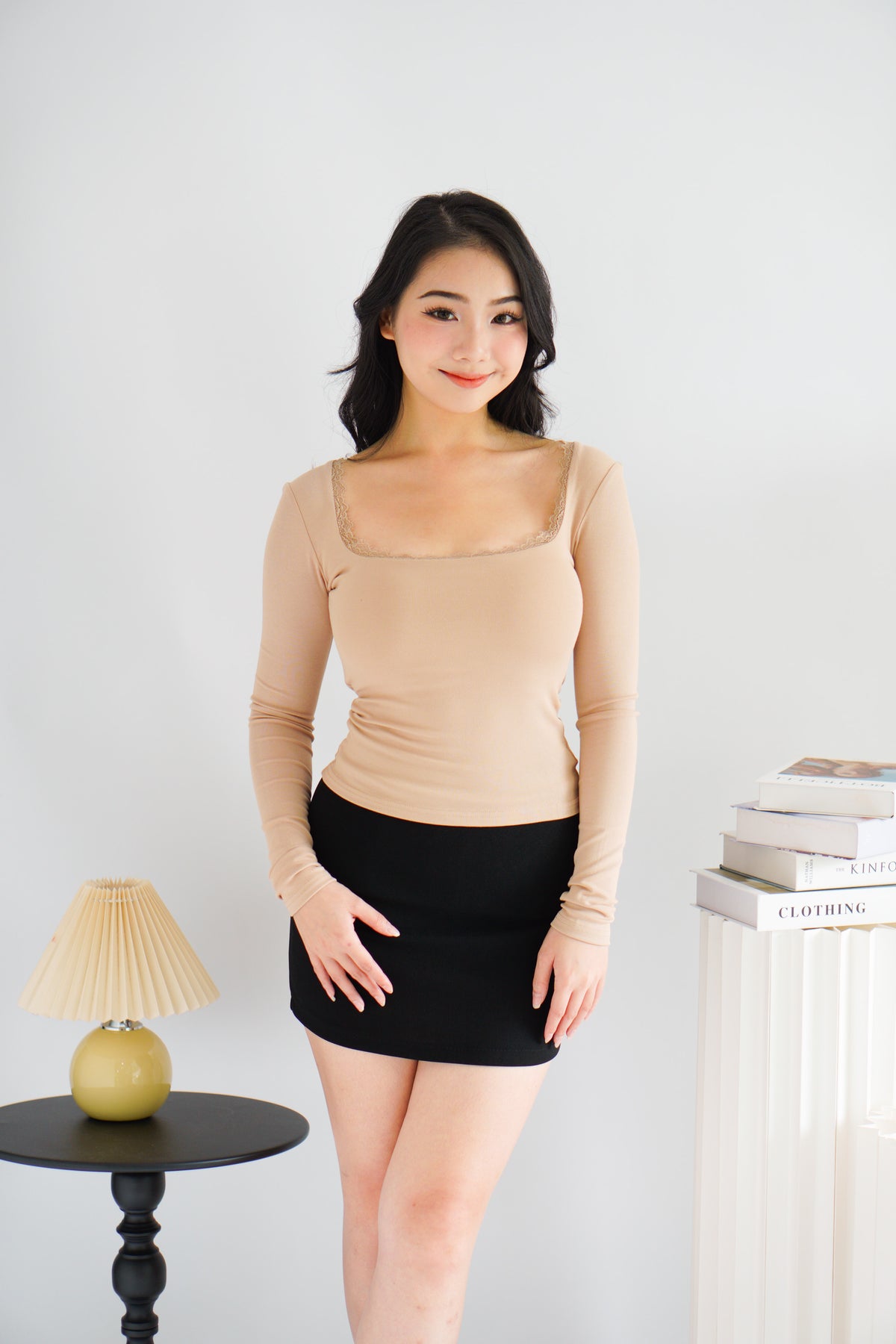 Frinda Square Neck Padded Long Sleeve Top with Lace in Nude