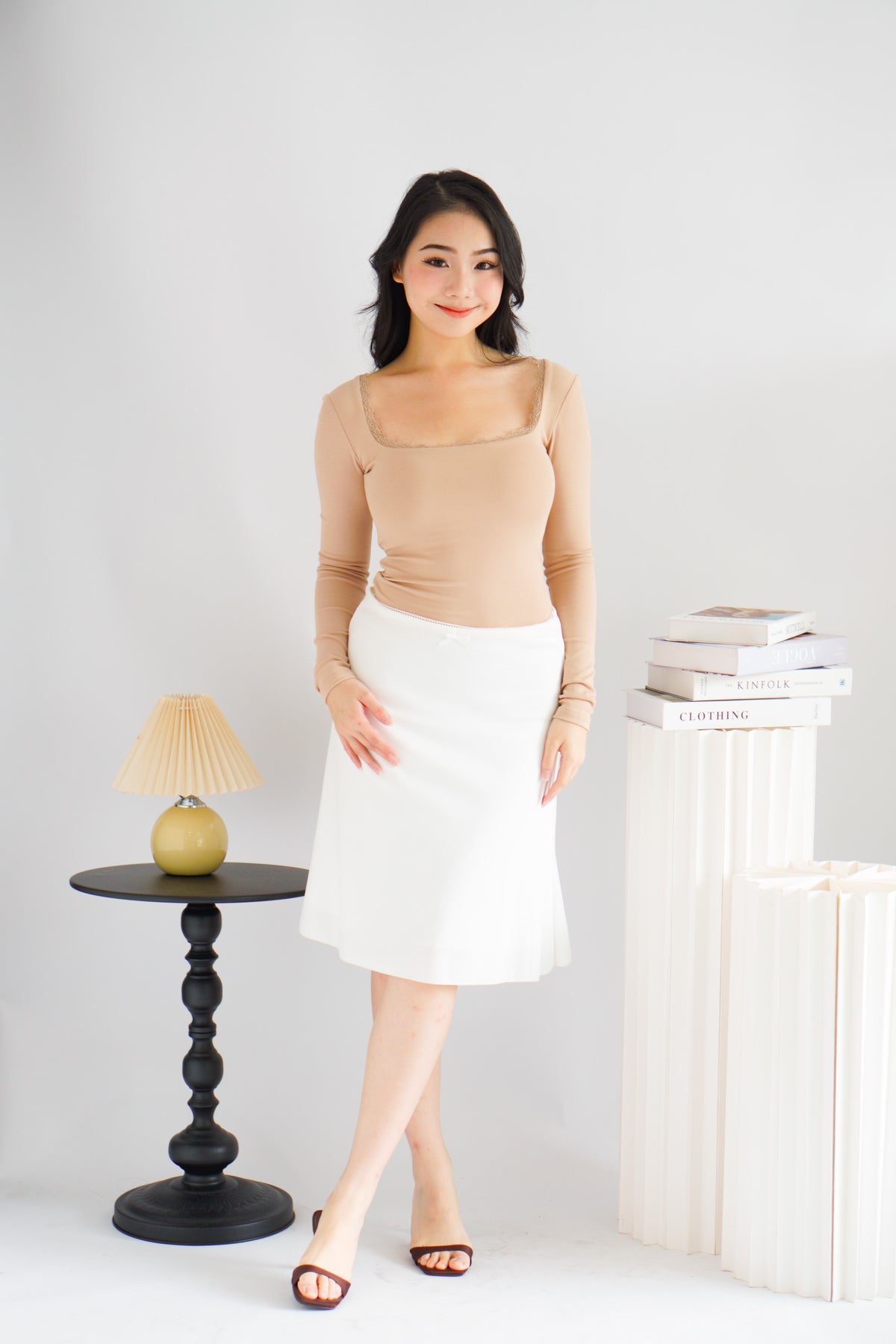 Frinda Square Neck Padded Long Sleeve Top with Lace in Nude