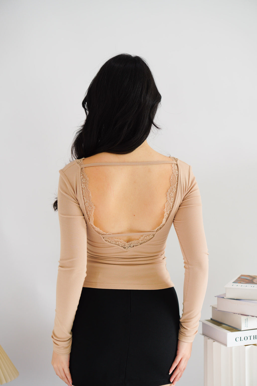 Frinda Square Neck Padded Long Sleeve Top with Lace in Nude