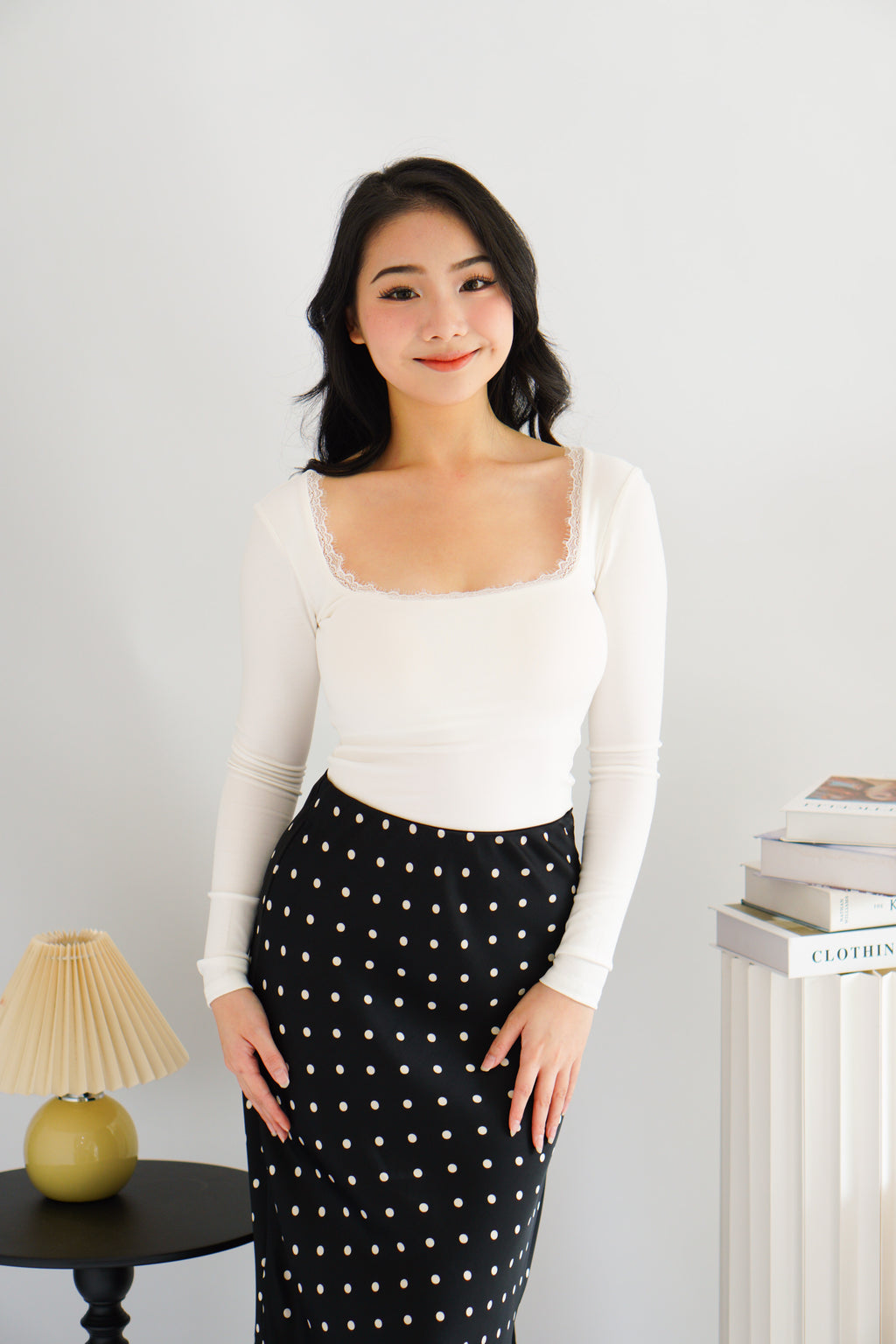 Frinda Square Neck Padded Long Sleeve Top with Lace in White