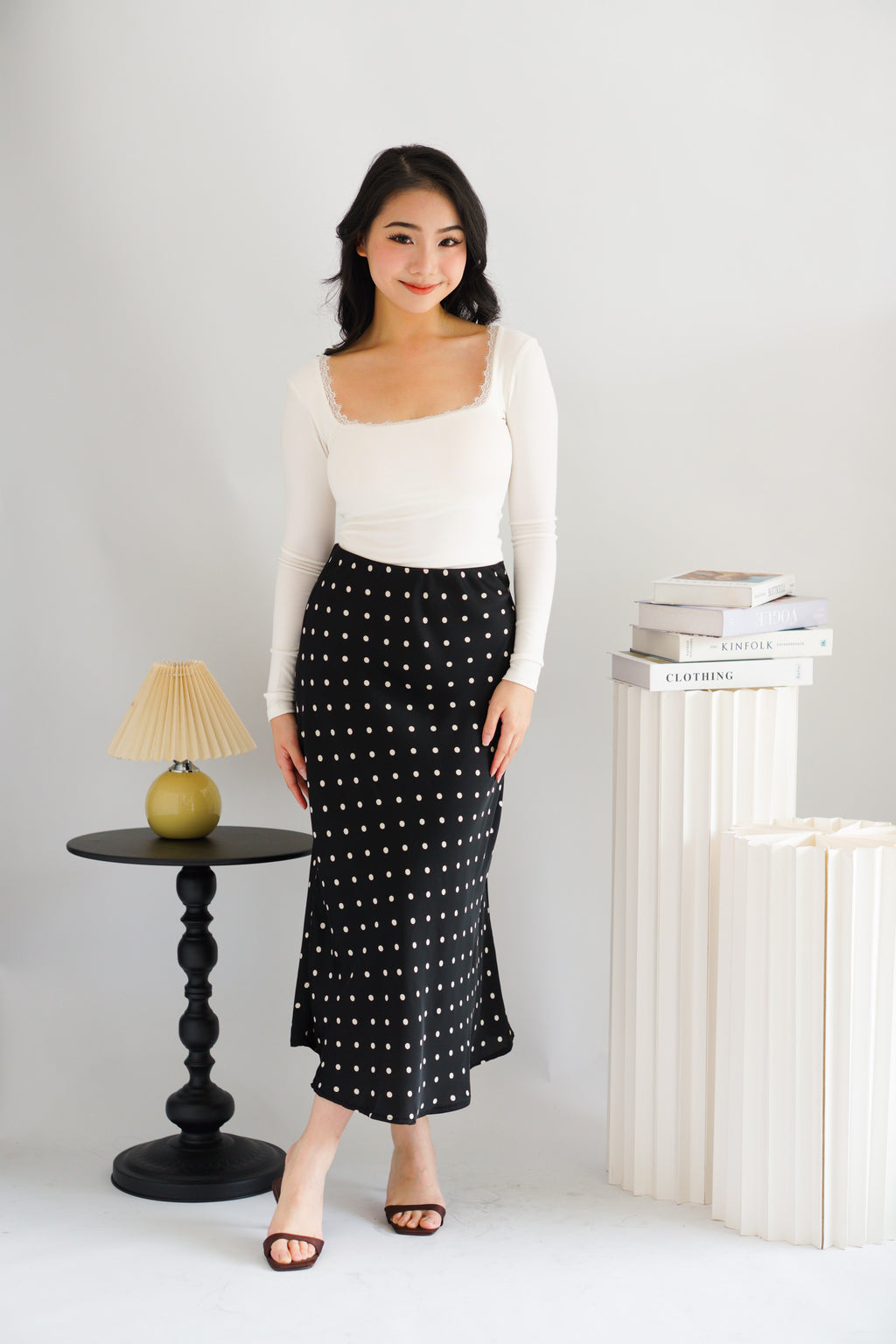 Frinda Square Neck Padded Long Sleeve Top with Lace in White