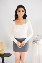 Frinda Square Neck Padded Long Sleeve Top with Lace in White