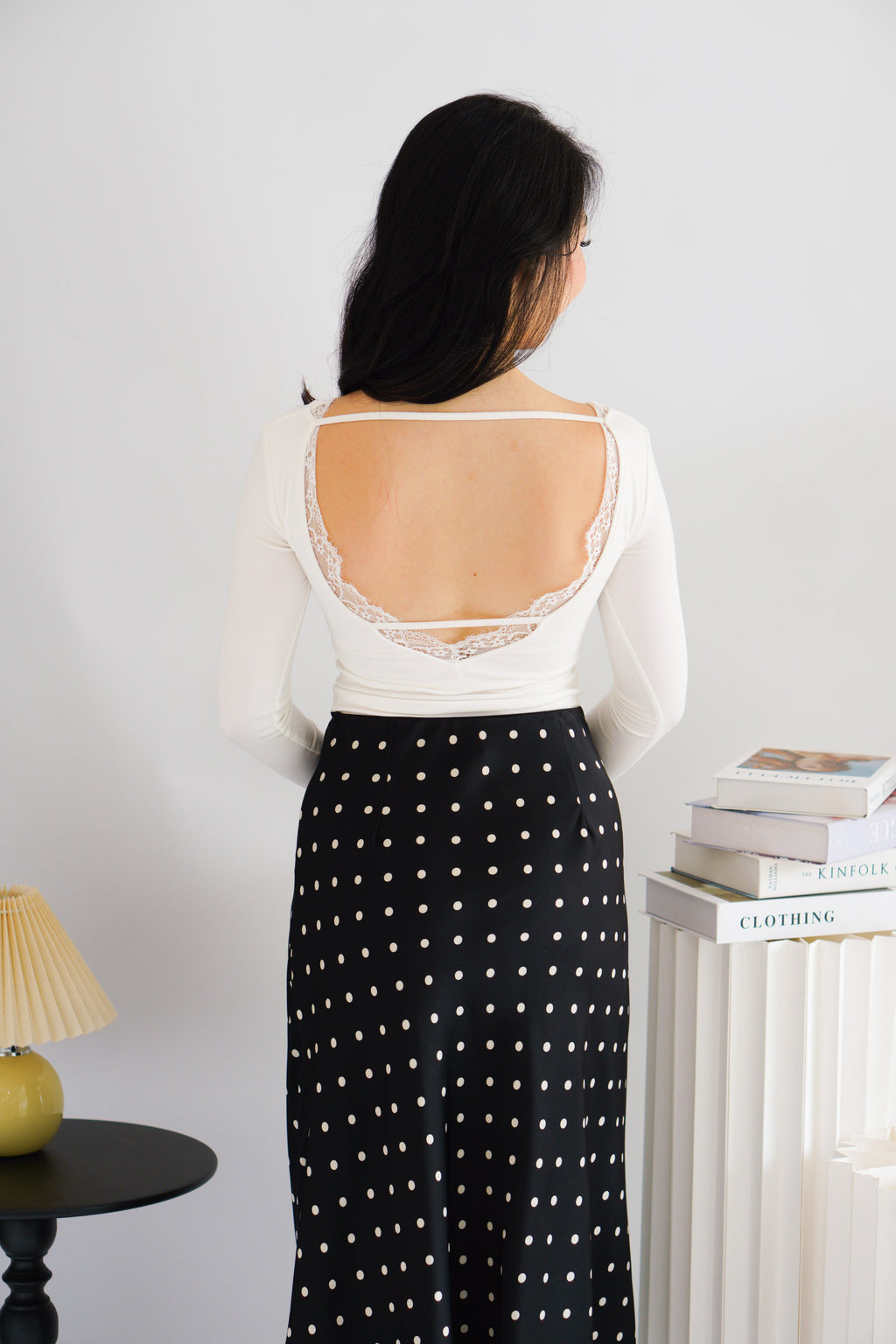 Frinda Square Neck Padded Long Sleeve Top with Lace in White