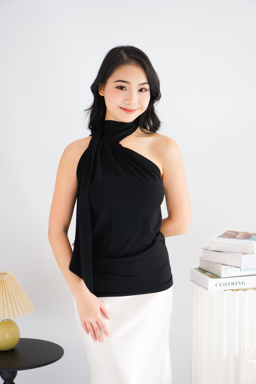 Sarana High Neck Self Tie Choker Top in Black
