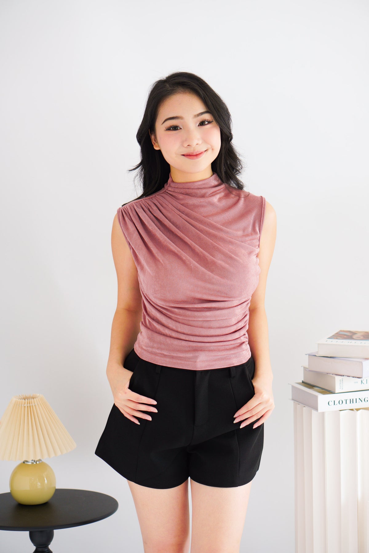 Alano Sleeveless Ruched High Neck Top in Pink