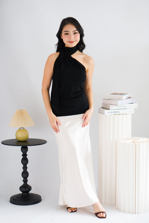 Sarana High Neck Self Tie Choker Top in Black