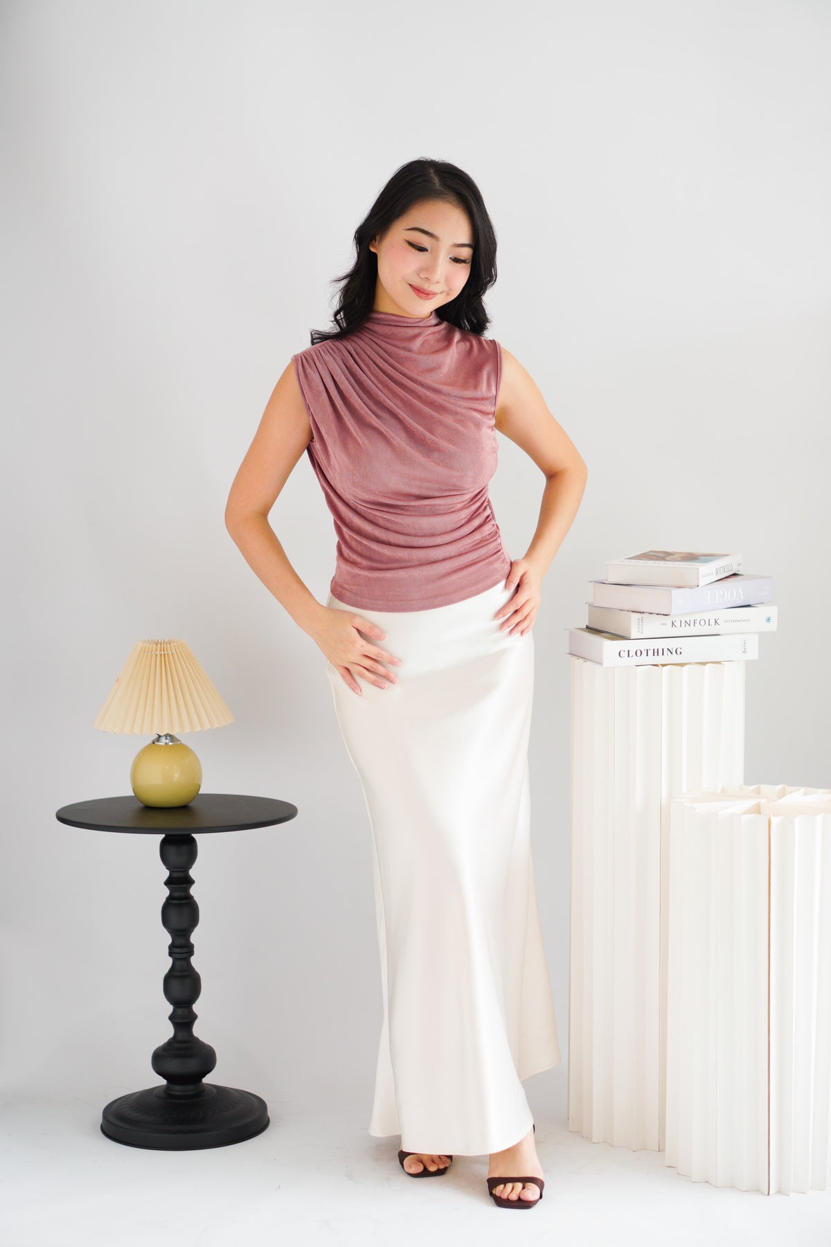 Alano Sleeveless Ruched High Neck Top in Pink