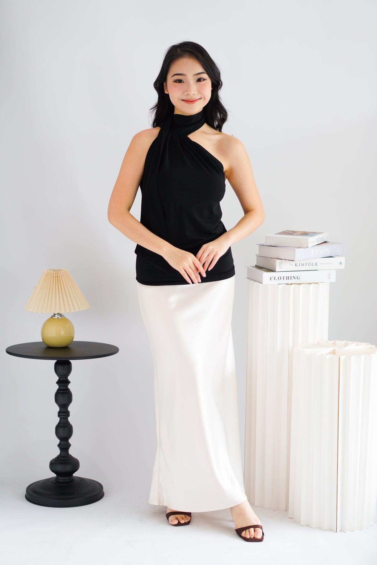 Sarana High Neck Self Tie Choker Top in Black