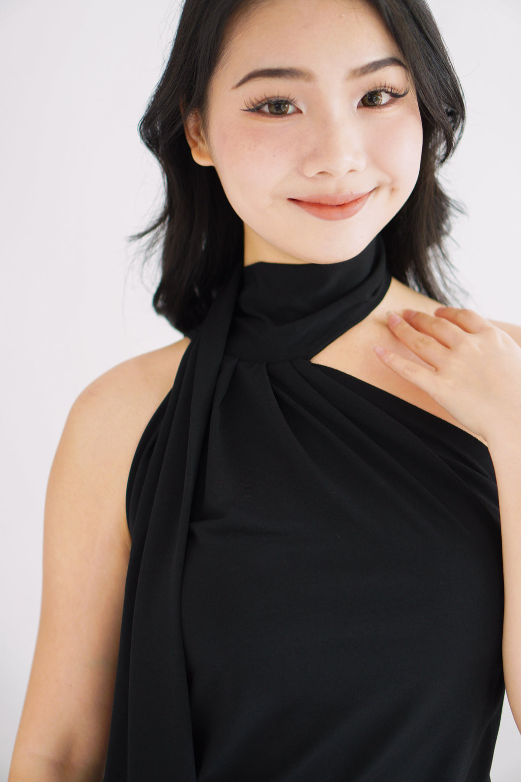Sarana High Neck Self Tie Choker Top in Black