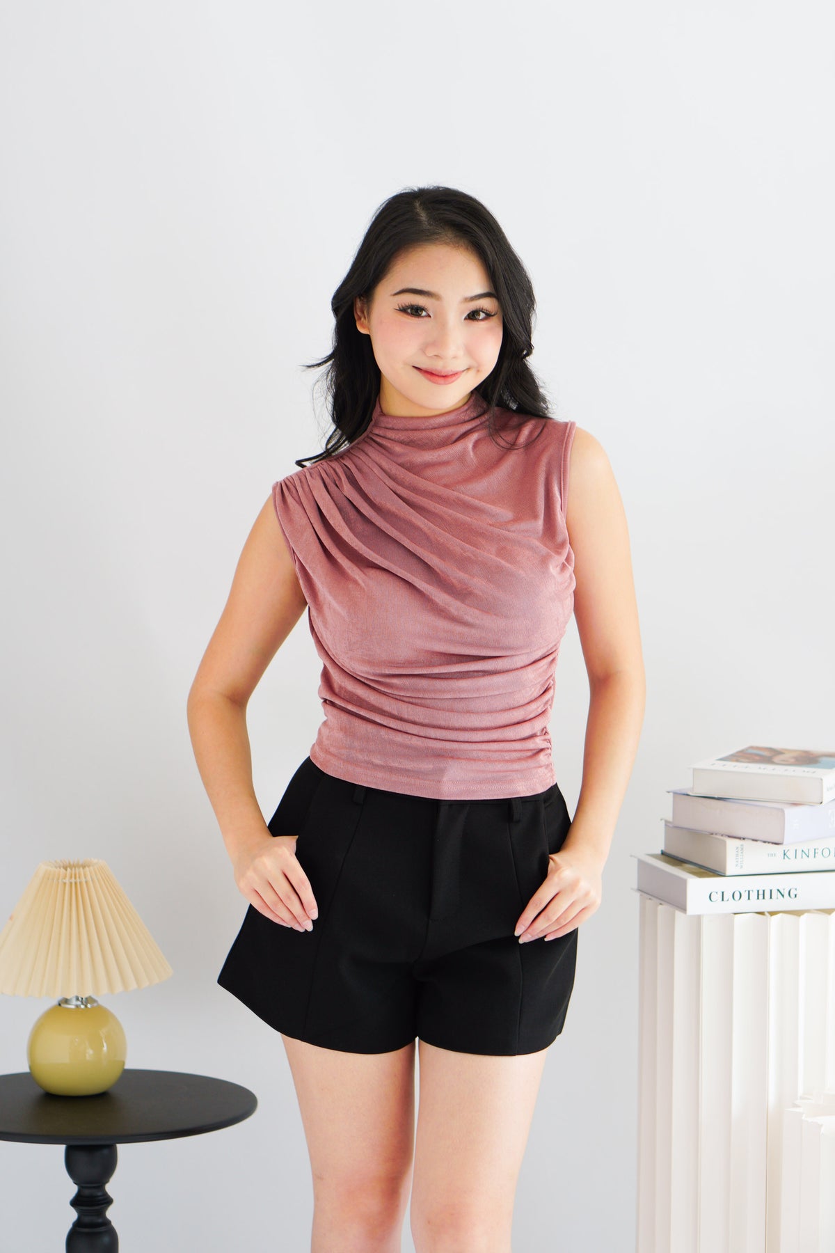 Alano Sleeveless Ruched High Neck Top in Pink