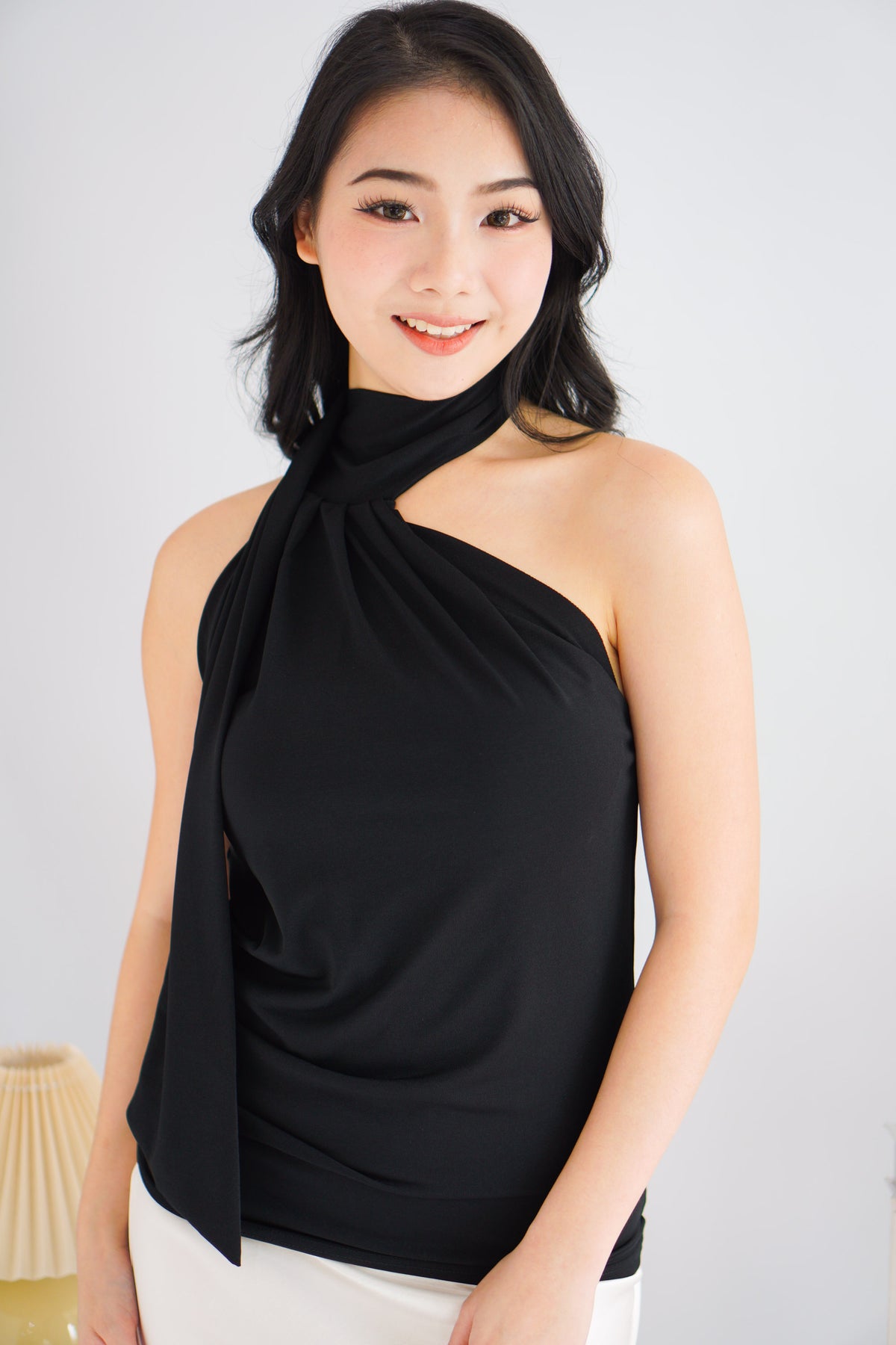 Sarana High Neck Self Tie Choker Top in Black