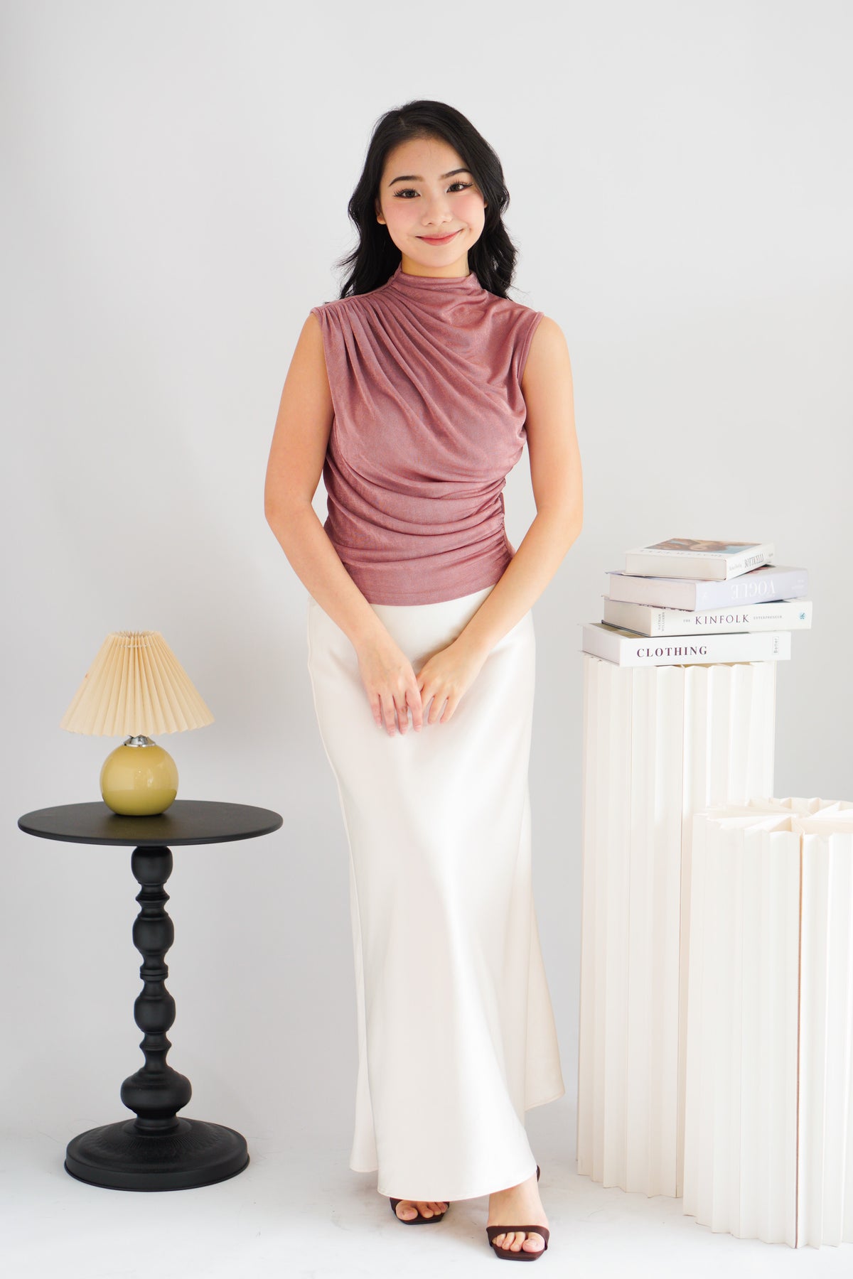 Alano Sleeveless Ruched High Neck Top in Pink