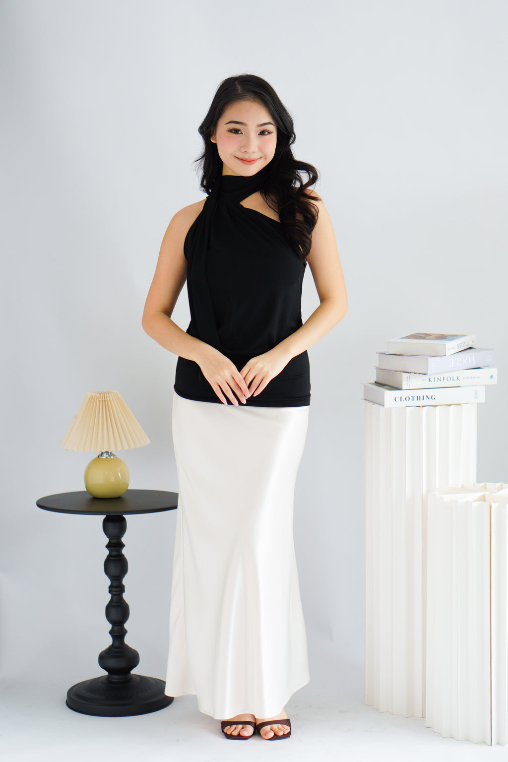 Sarana High Neck Self Tie Choker Top in Black