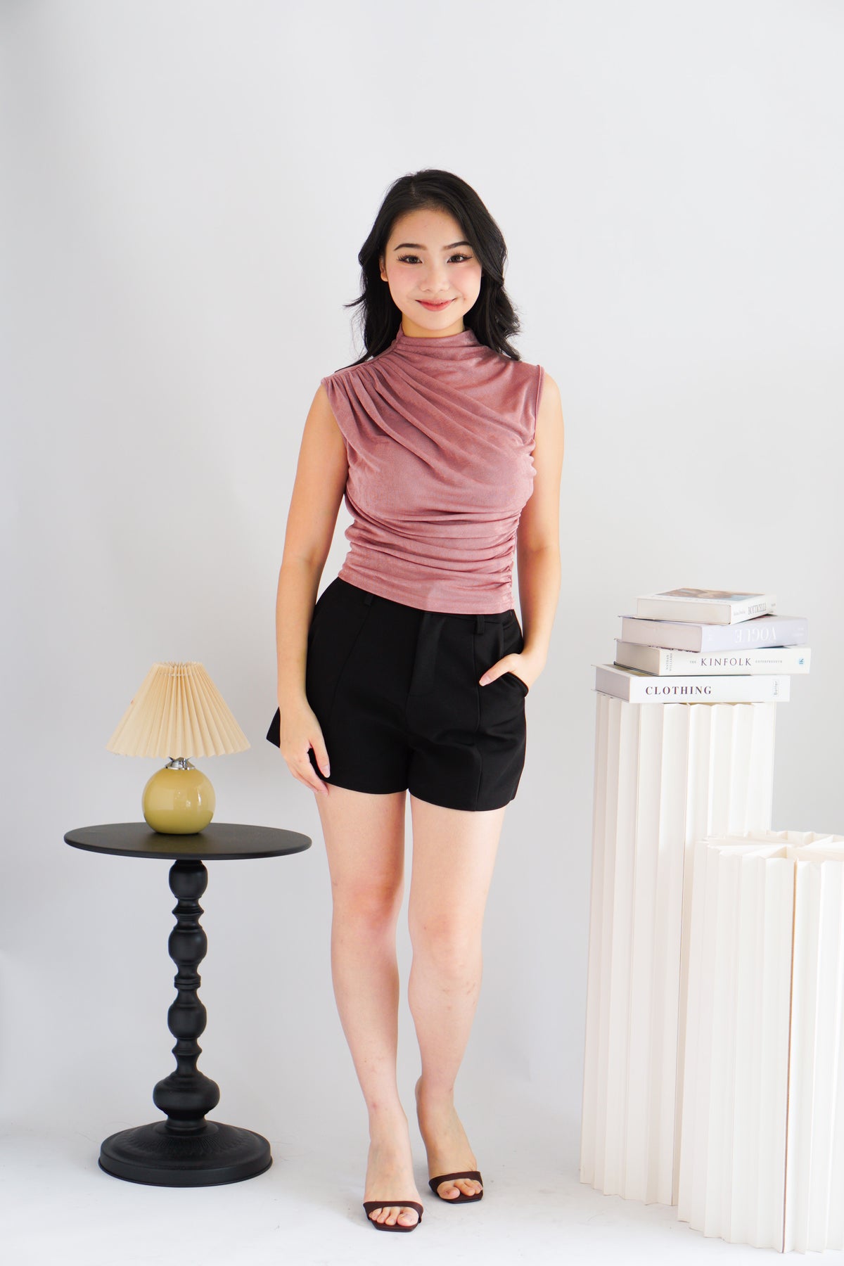 Alano Sleeveless Ruched High Neck Top in Pink