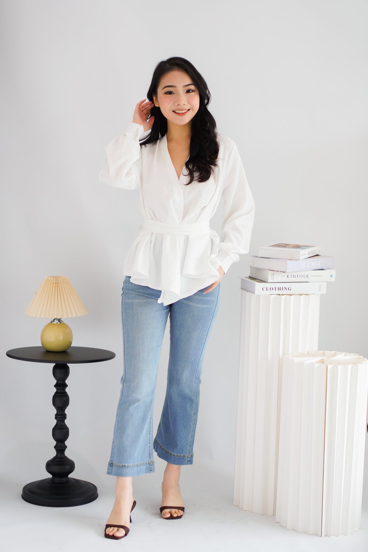 Raiya Self Wrap Long Sleeve Top in White