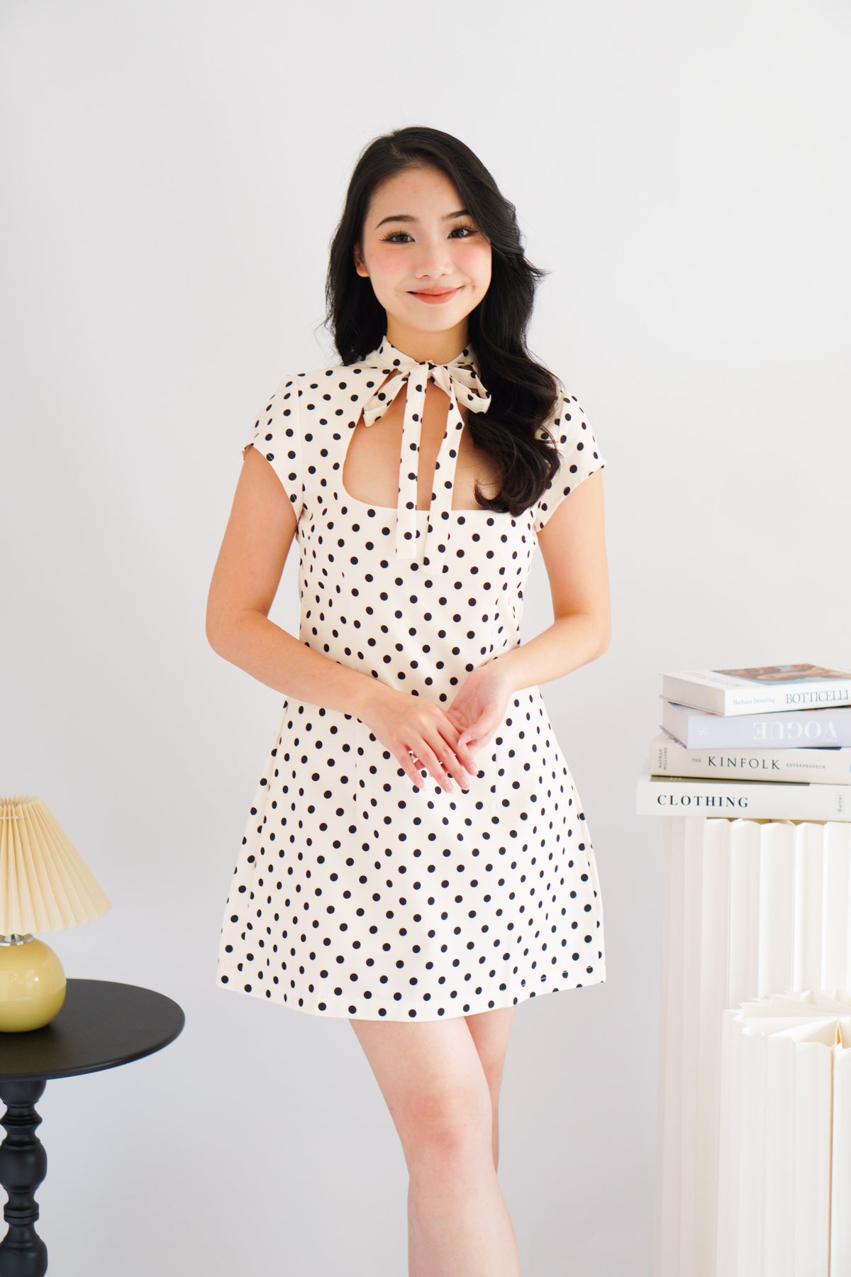 (BACKORDER) Dottini Self Tie High Neck Mini Polkadot Dress in Cream