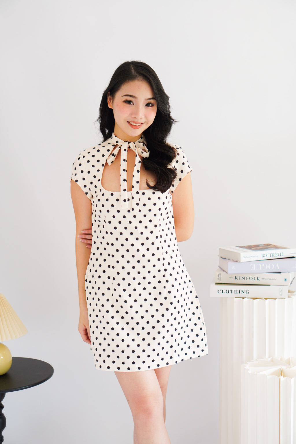 (BACKORDER) Dottini Self Tie High Neck Mini Polkadot Dress in Cream