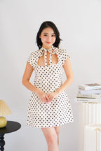(BACKORDER) Dottini Self Tie High Neck Mini Polkadot Dress in Cream