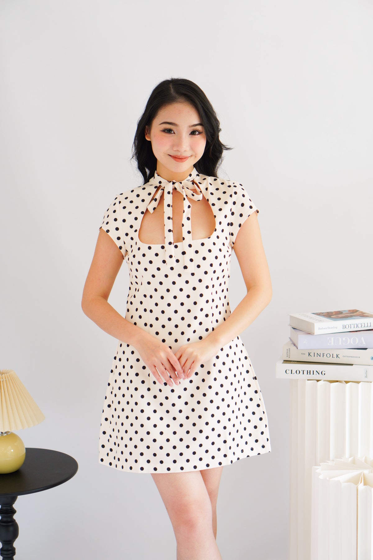 (BACKORDER) Dottini Self Tie High Neck Mini Polkadot Dress in Cream