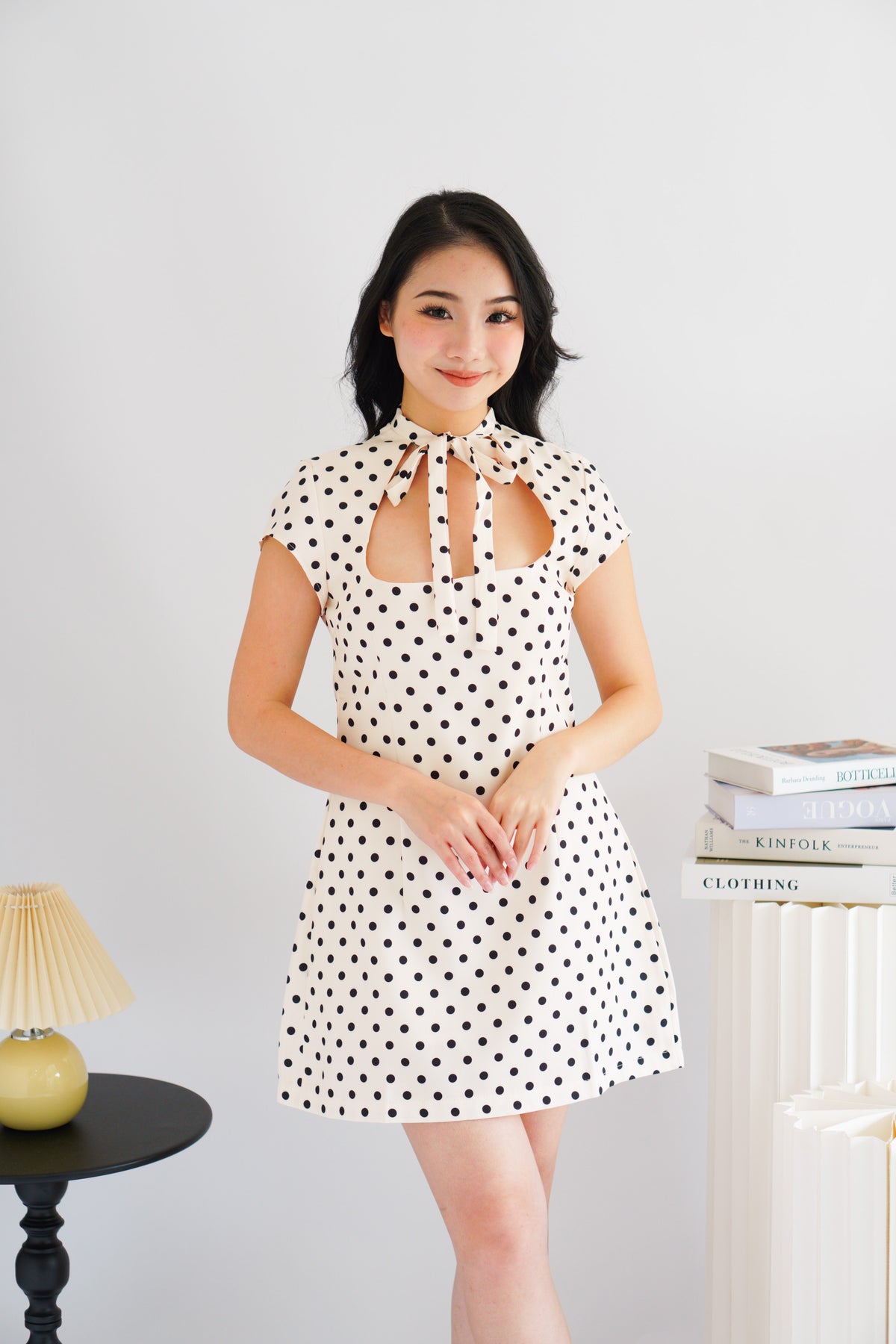 (BACKORDER) Dottini Self Tie High Neck Mini Polkadot Dress in Cream