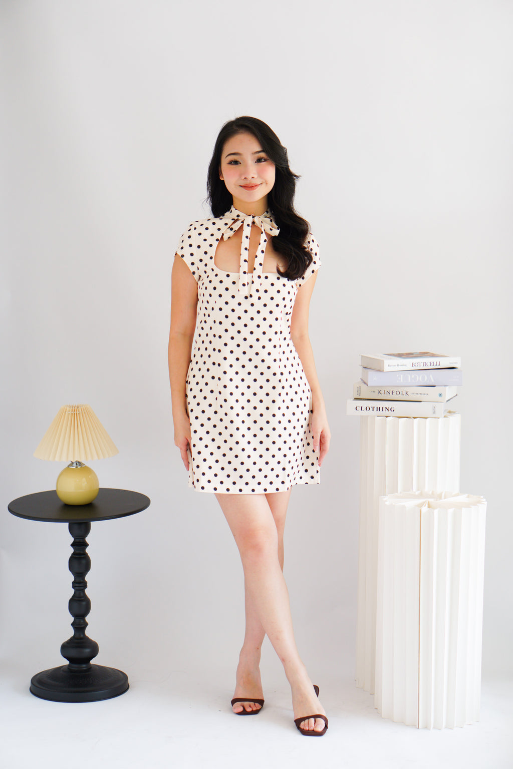 (BACKORDER) Dottini Self Tie High Neck Mini Polkadot Dress in Cream