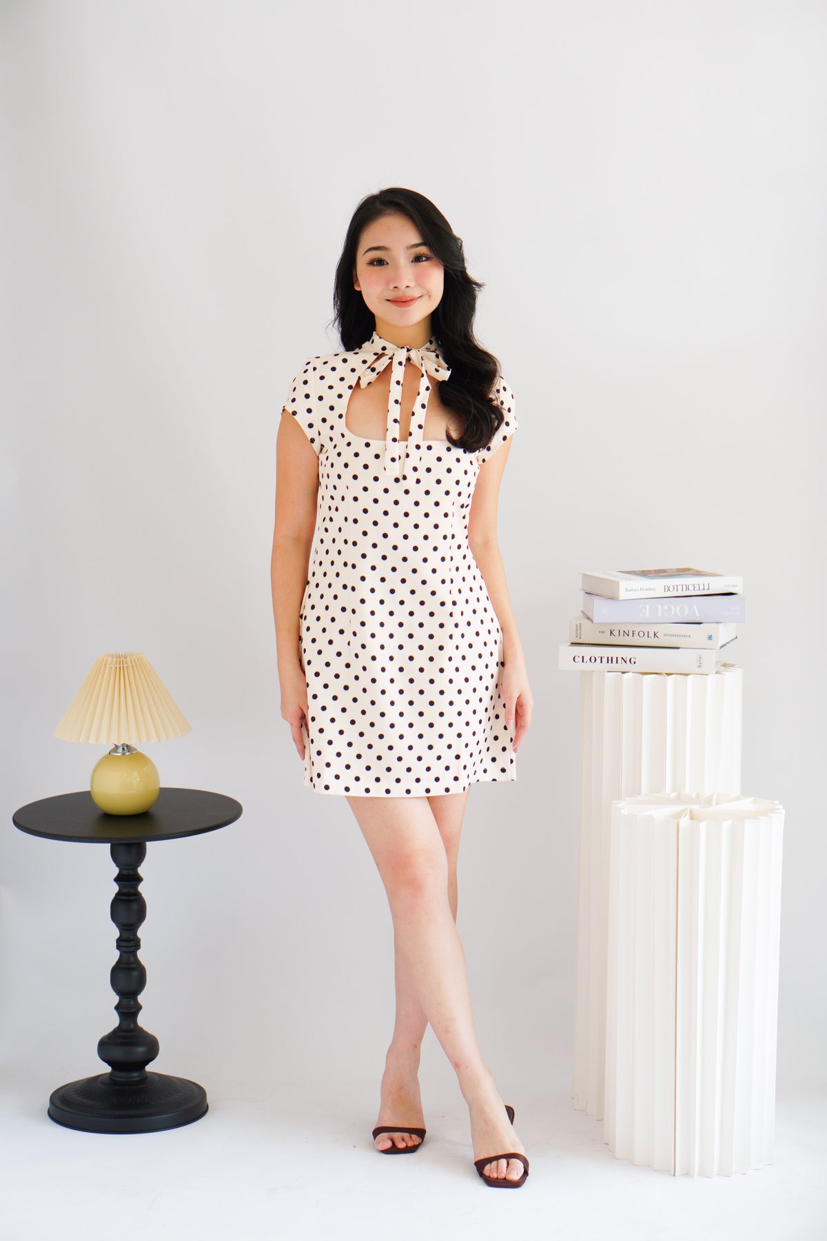 (BACKORDER) Dottini Self Tie High Neck Mini Polkadot Dress in Cream