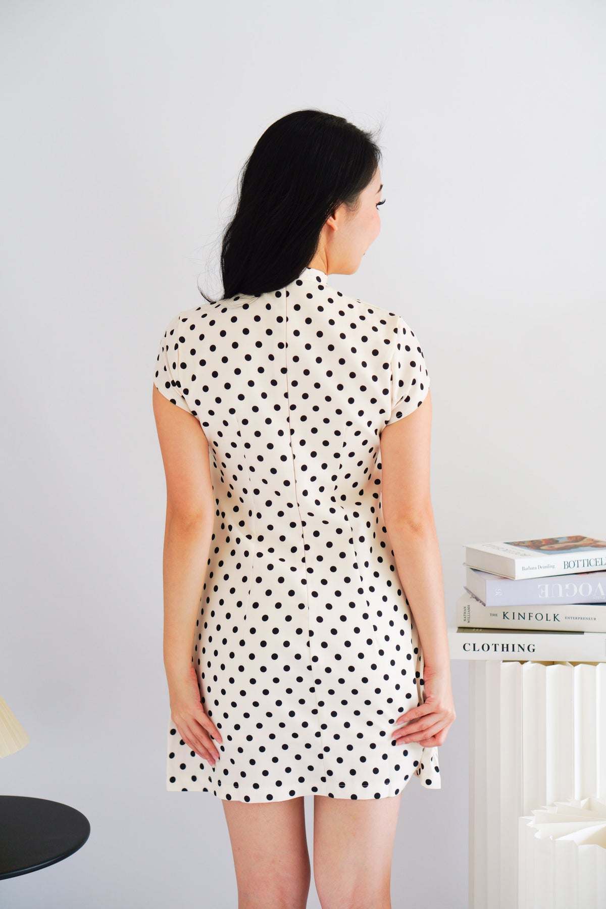 (BACKORDER) Dottini Self Tie High Neck Mini Polkadot Dress in Cream