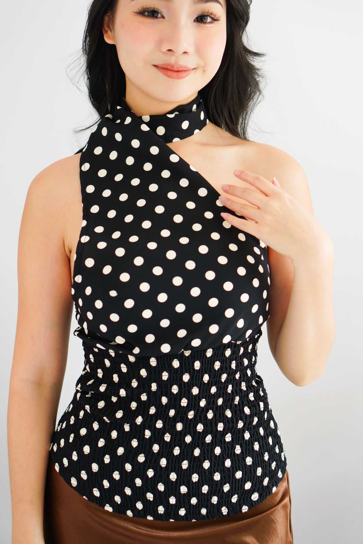 Polly Polkadot Self Tie Choker Sash Top in Black