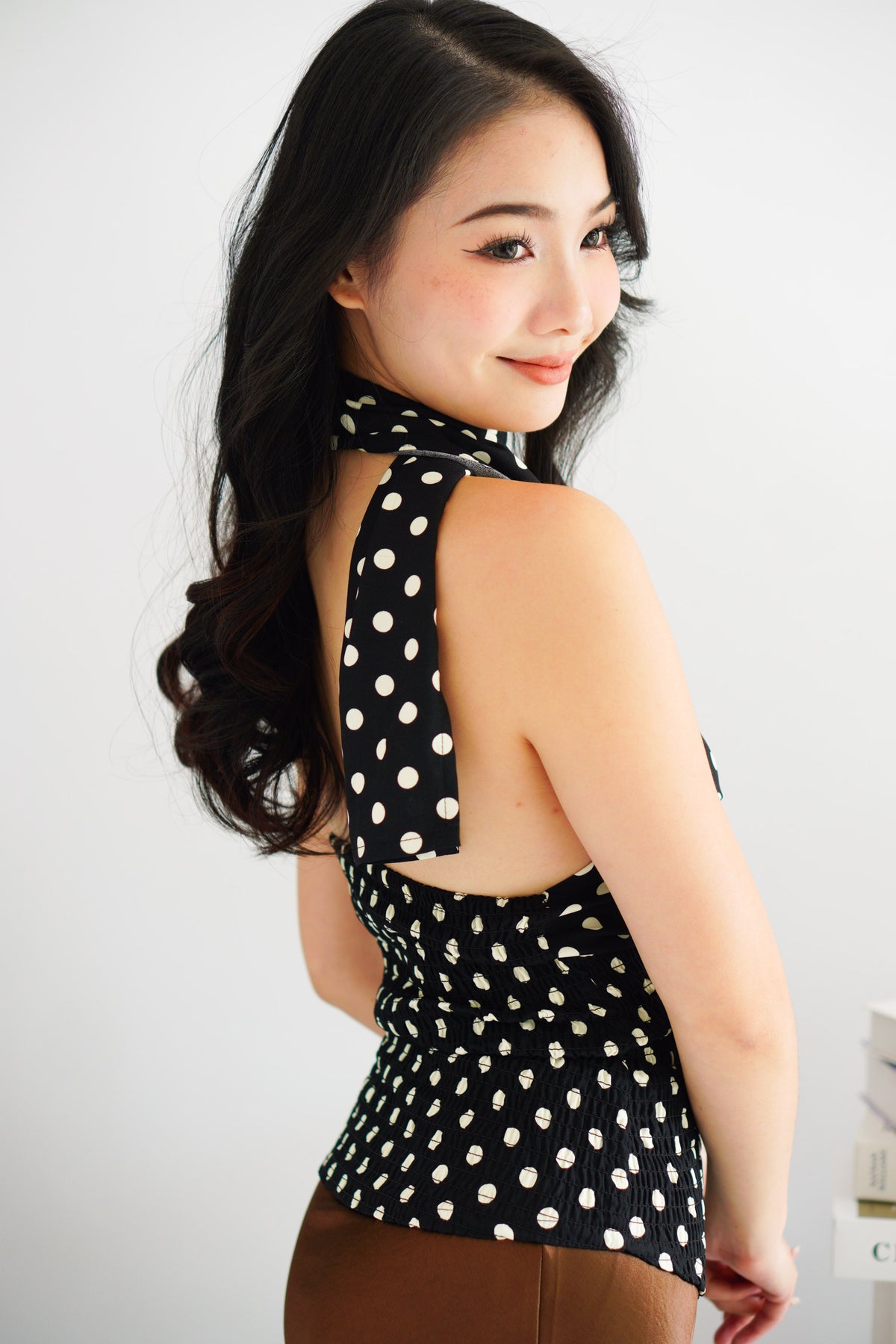 Polly Polkadot Self Tie Choker Sash Top in Black