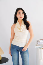 Polaine Cowl Neck Backless Halter Top in Cream