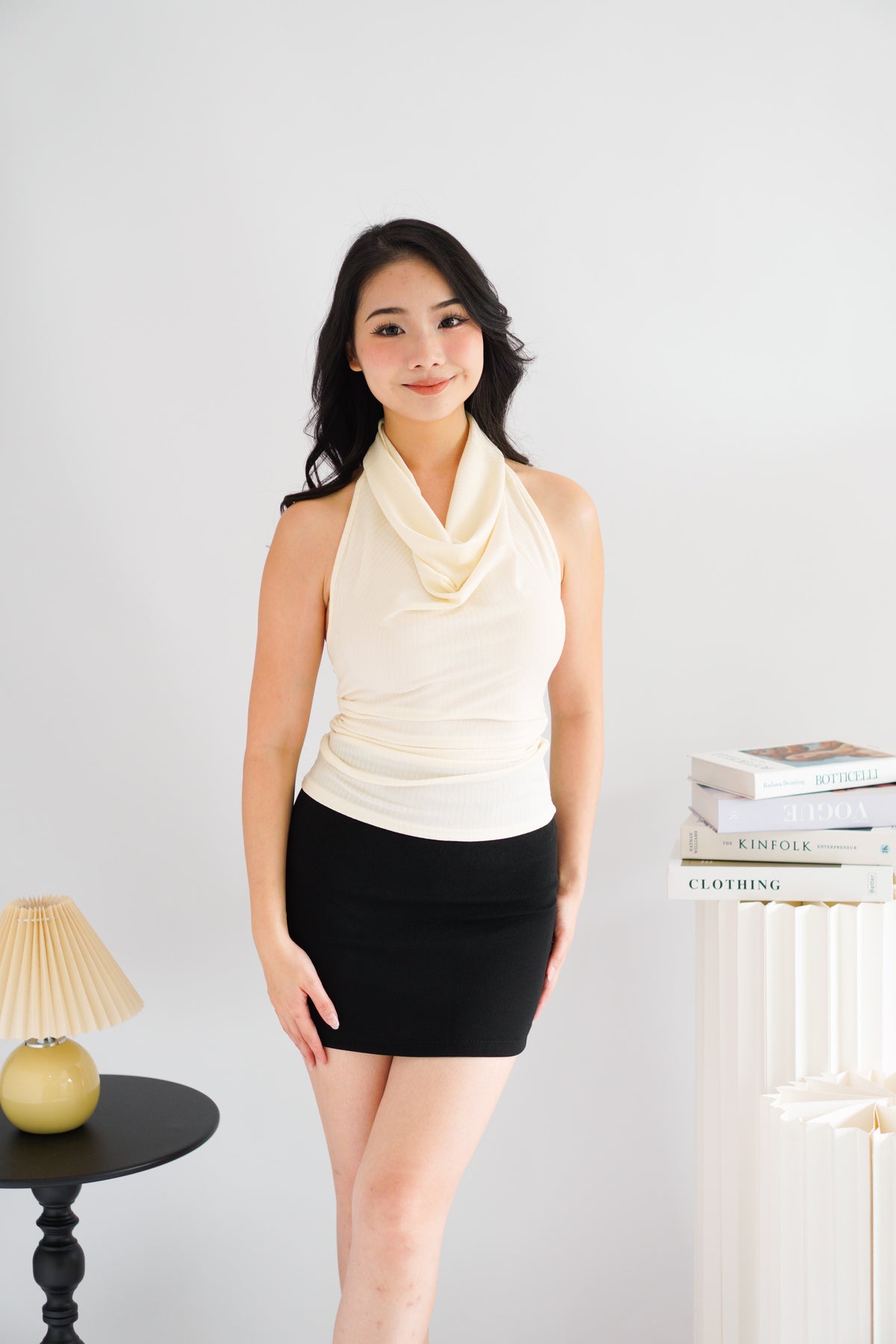 Polaine Cowl Neck Backless Halter Top in Cream