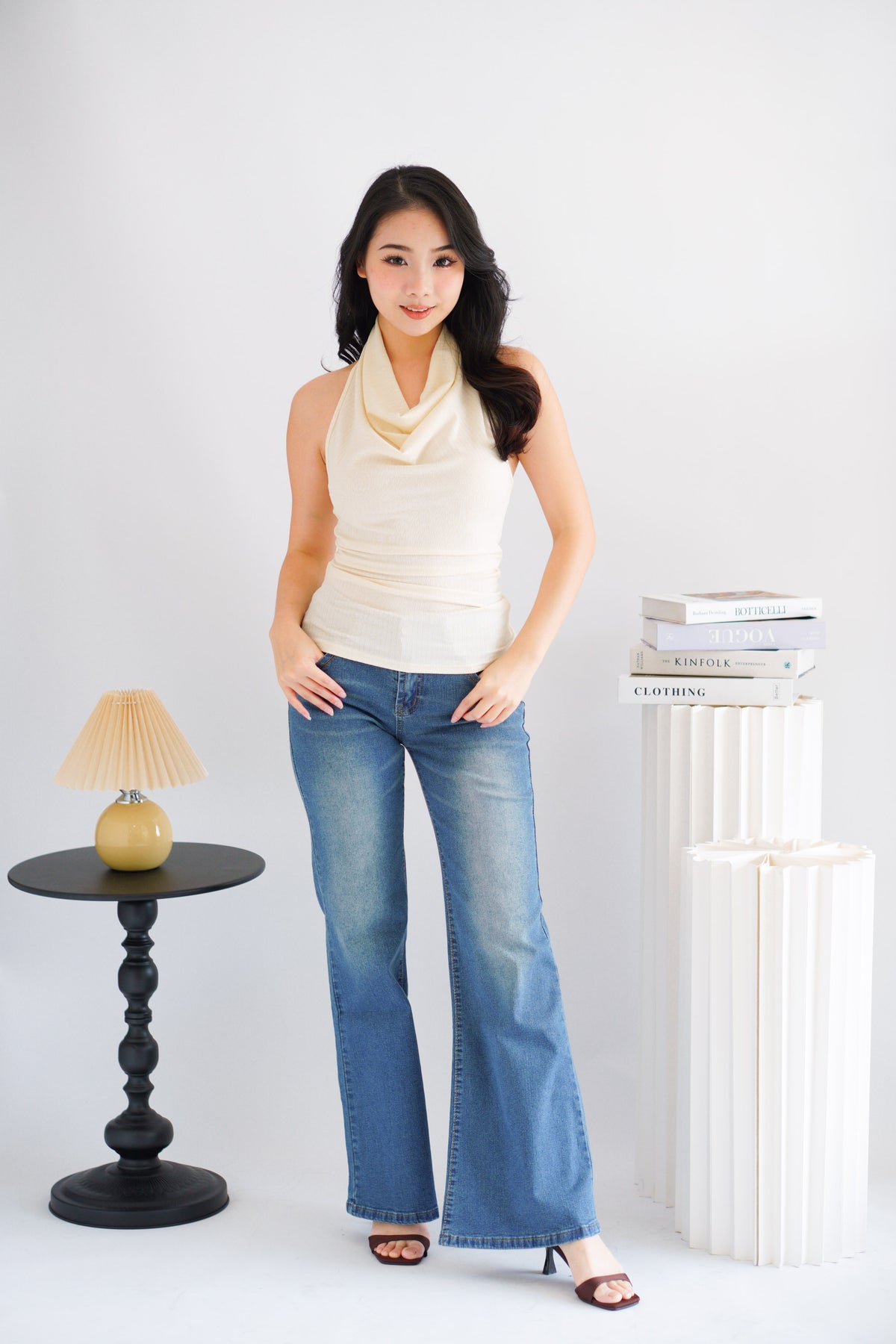 Polaine Cowl Neck Backless Halter Top in Cream