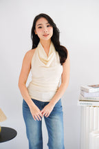 Polaine Cowl Neck Backless Halter Top in Cream