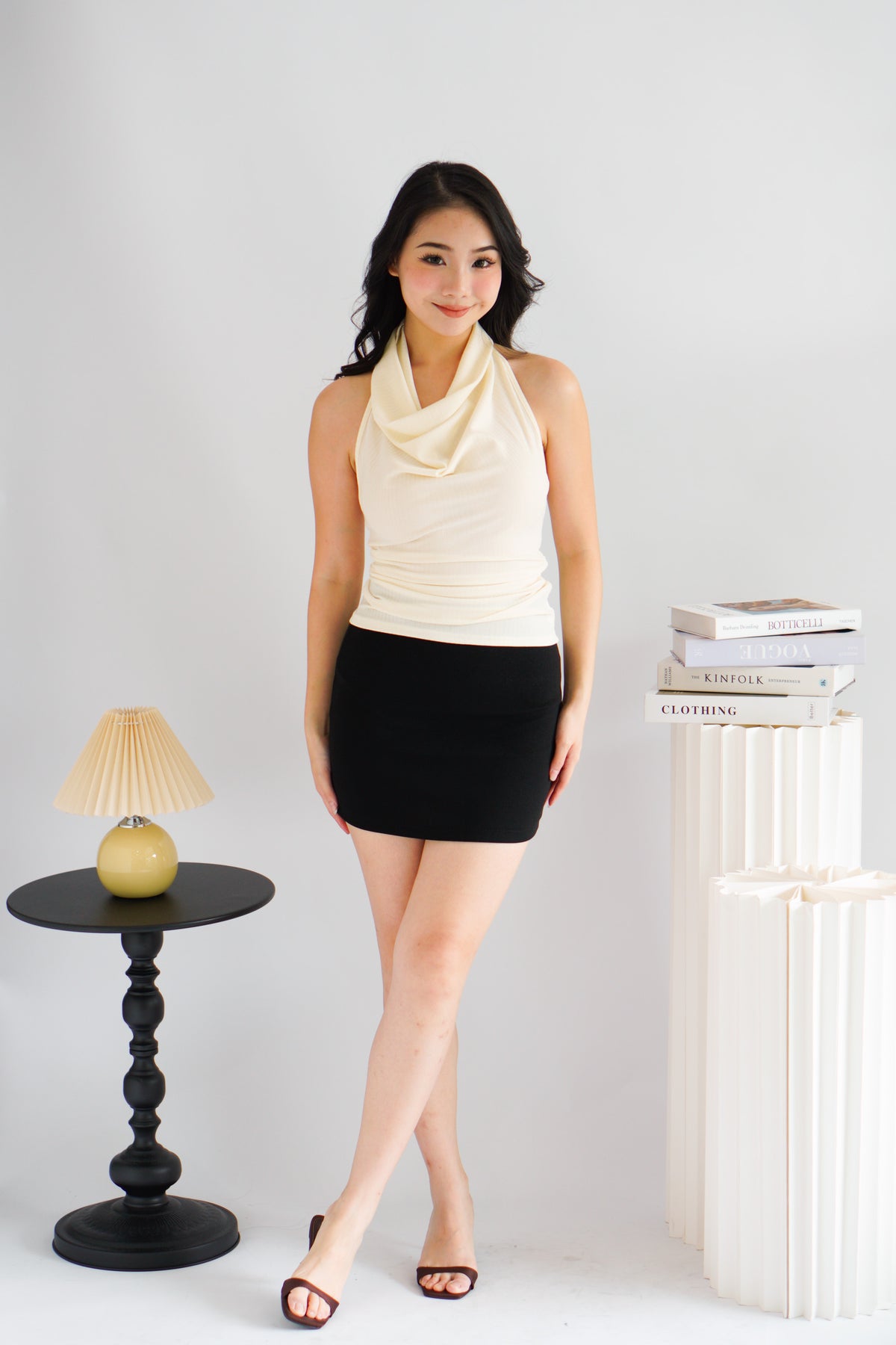 Polaine Cowl Neck Backless Halter Top in Cream