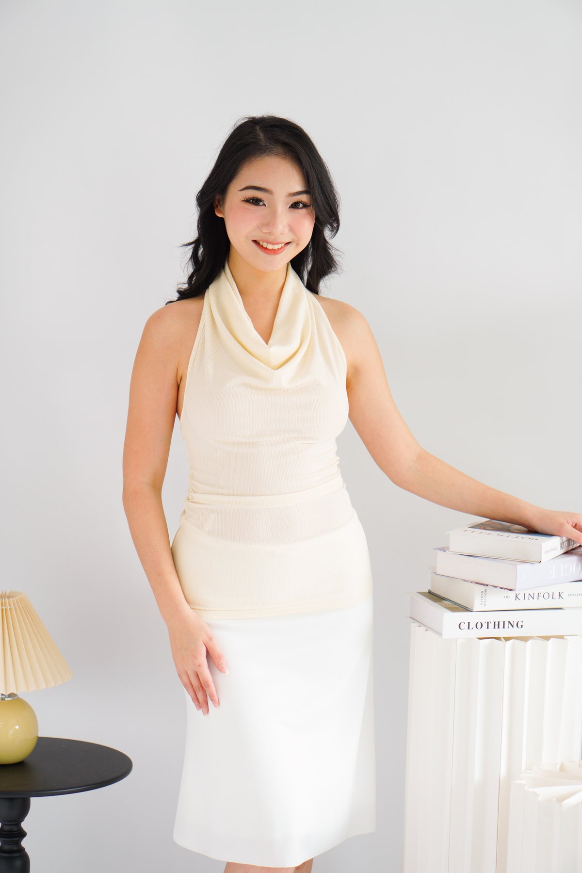 Polaine Cowl Neck Backless Halter Top in Cream