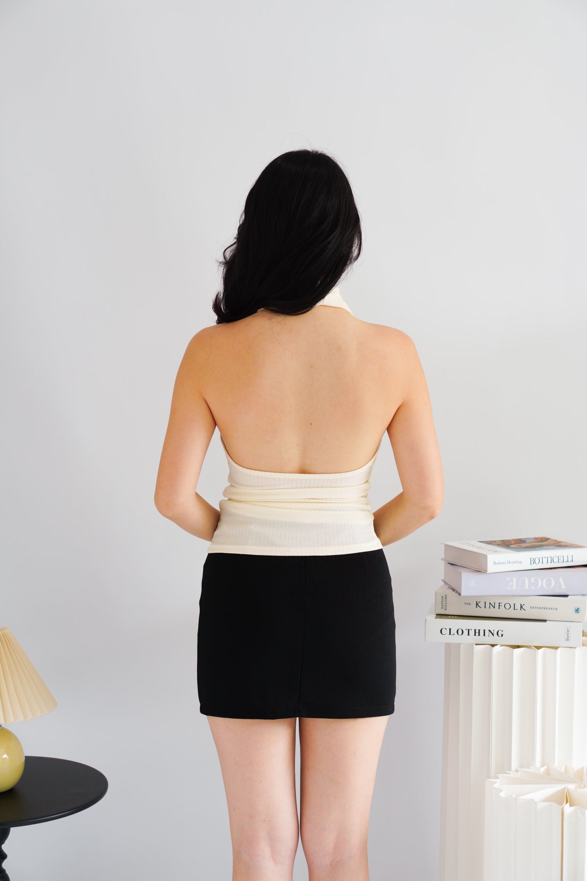 Polaine Cowl Neck Backless Halter Top in Cream