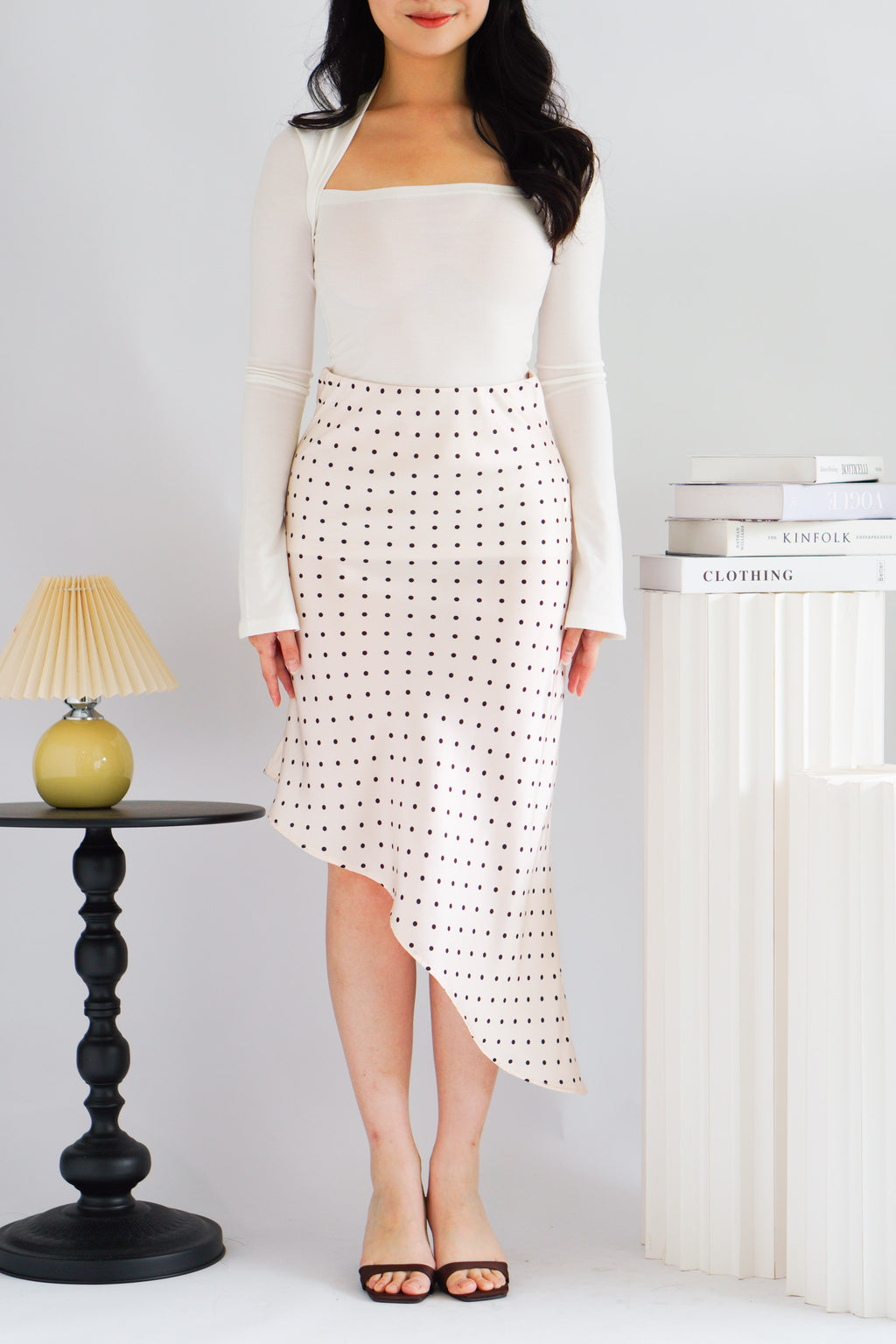 Anise Asymmetrical Polkadot Satin Skirt in Cream