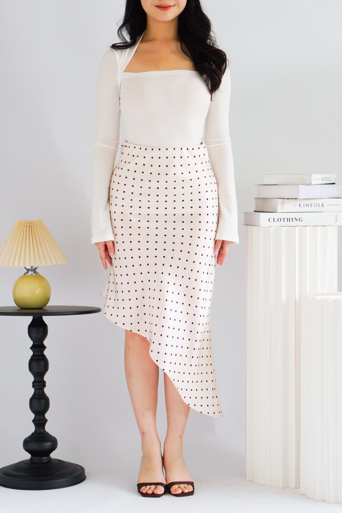 Anise Asymmetrical Polkadot Satin Skirt in Cream
