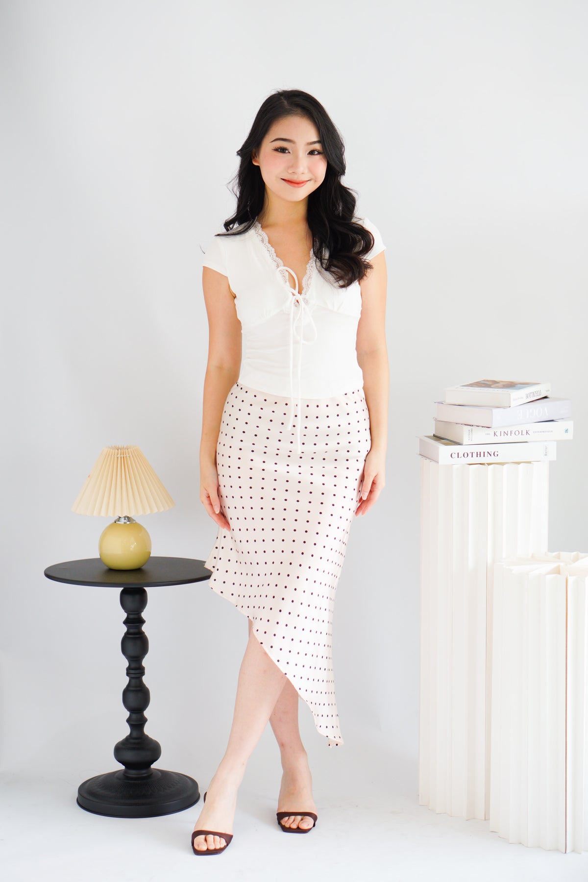 Anise Asymmetrical Polkadot Satin Skirt in Cream