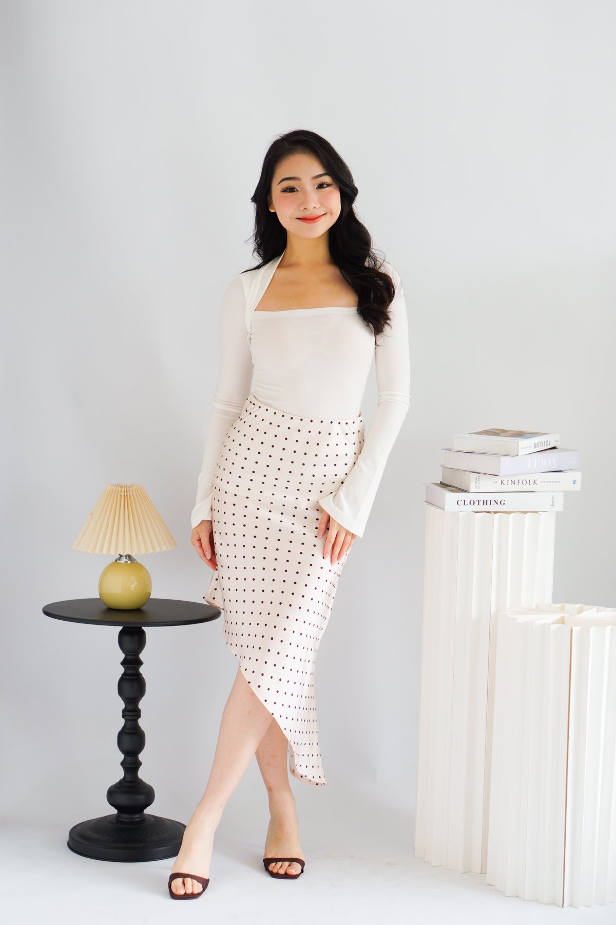 Anise Asymmetrical Polkadot Satin Skirt in Cream
