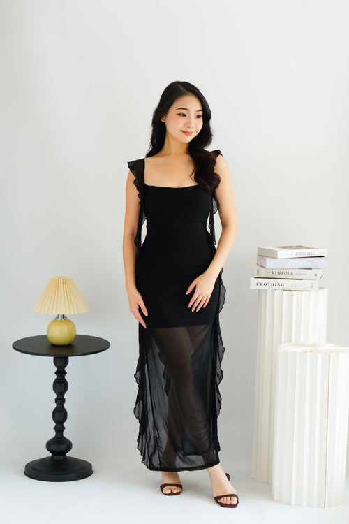 Meisa Ruffle Dress with Slit in Black