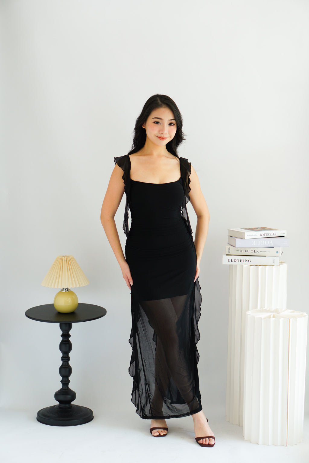Meisa Ruffle Dress with Slit in Black