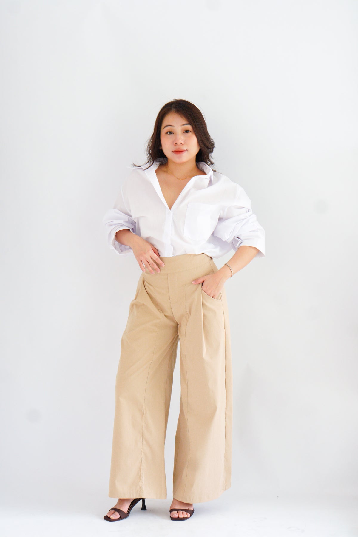 Roen Oversized Button Down Long Sleeve Top in White