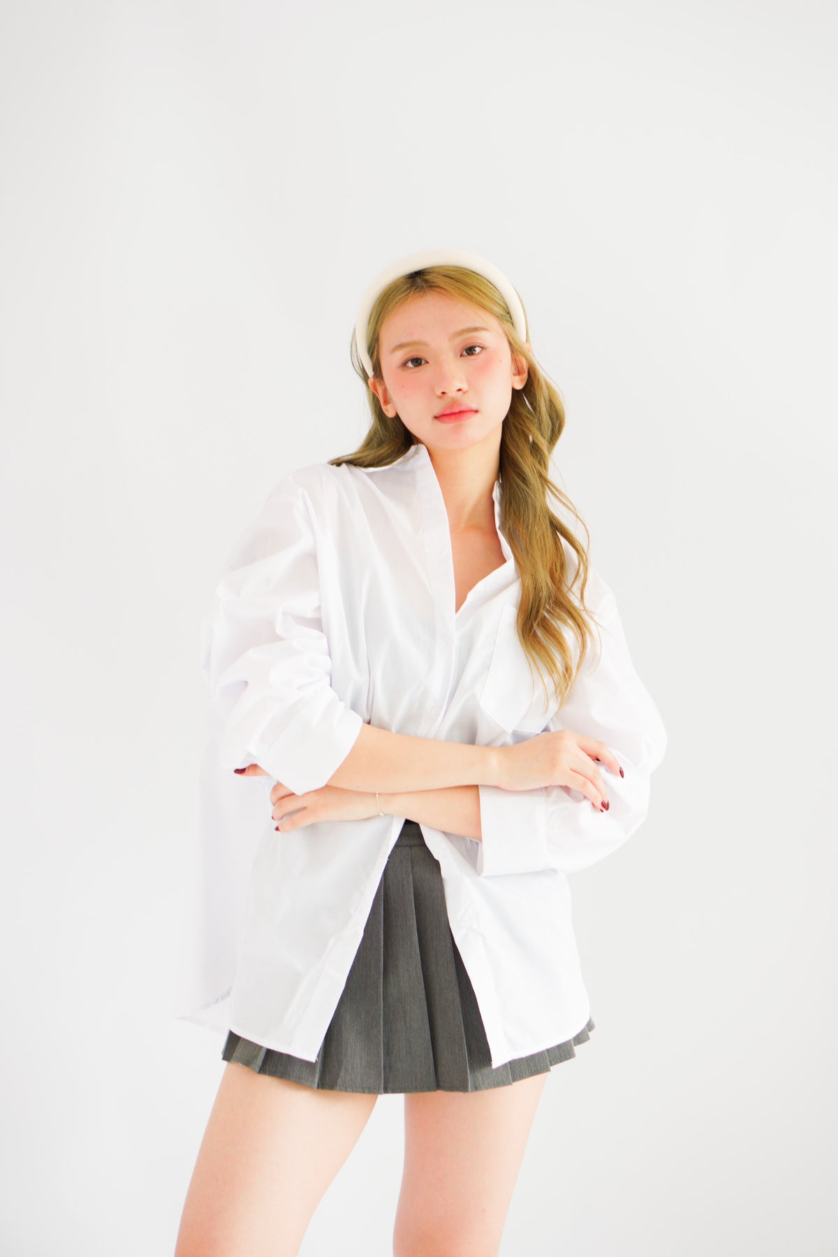 Roen Oversized Button Down Long Sleeve Top in White