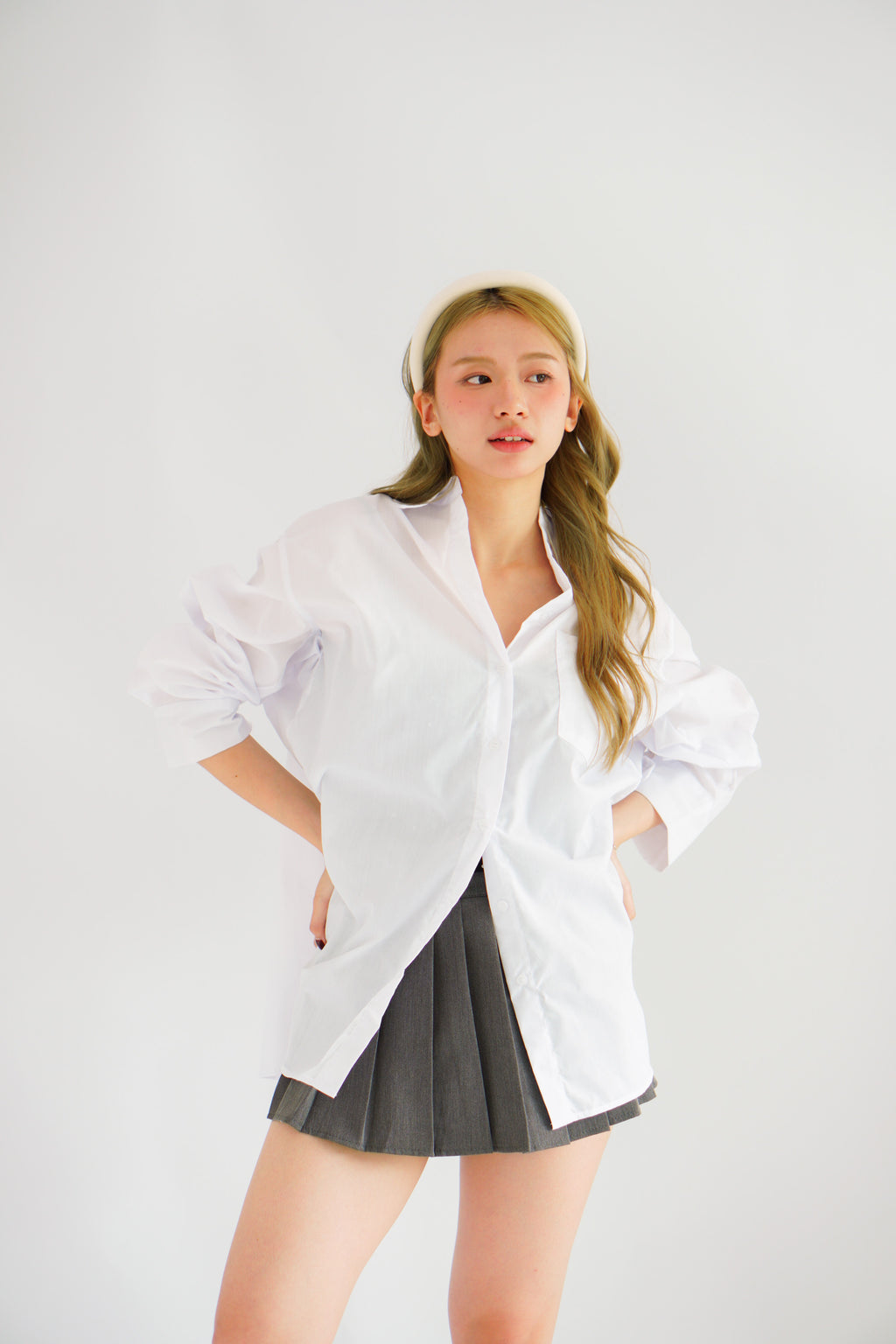 Roen Oversized Button Down Long Sleeve Top in White