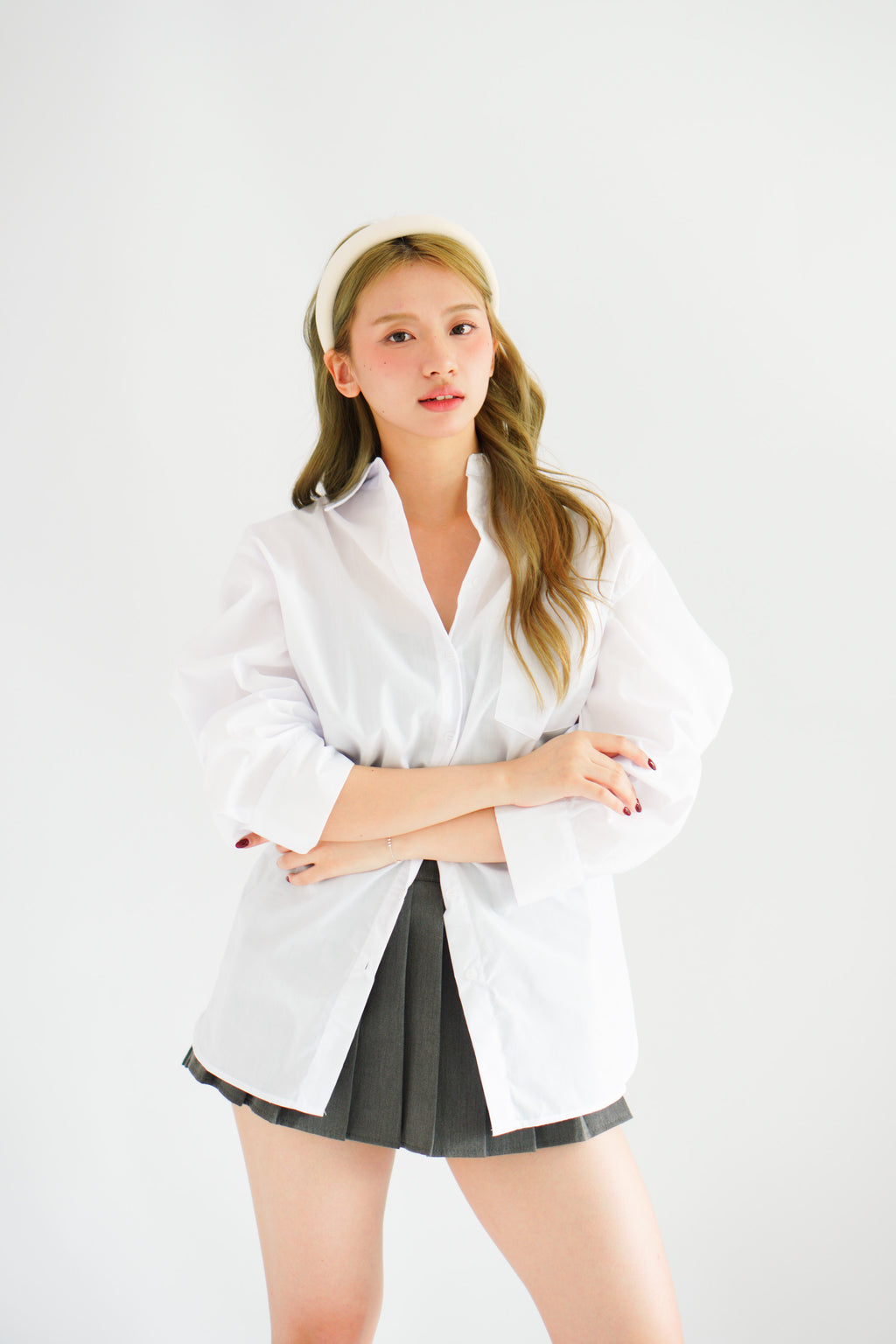 Roen Oversized Button Down Long Sleeve Top in White